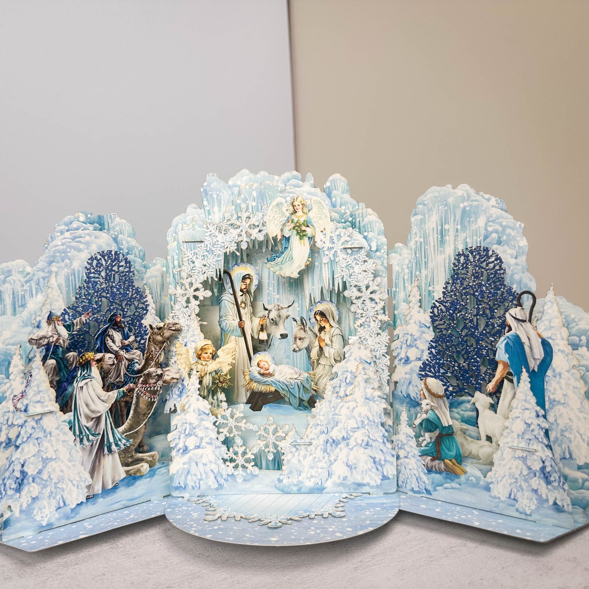 Handmade 3D Pop Up Christmas Card | Nativity Scene Winter Wonderland | Religious Holiday Cards with Envelope | Made in UK | Fast Delivery